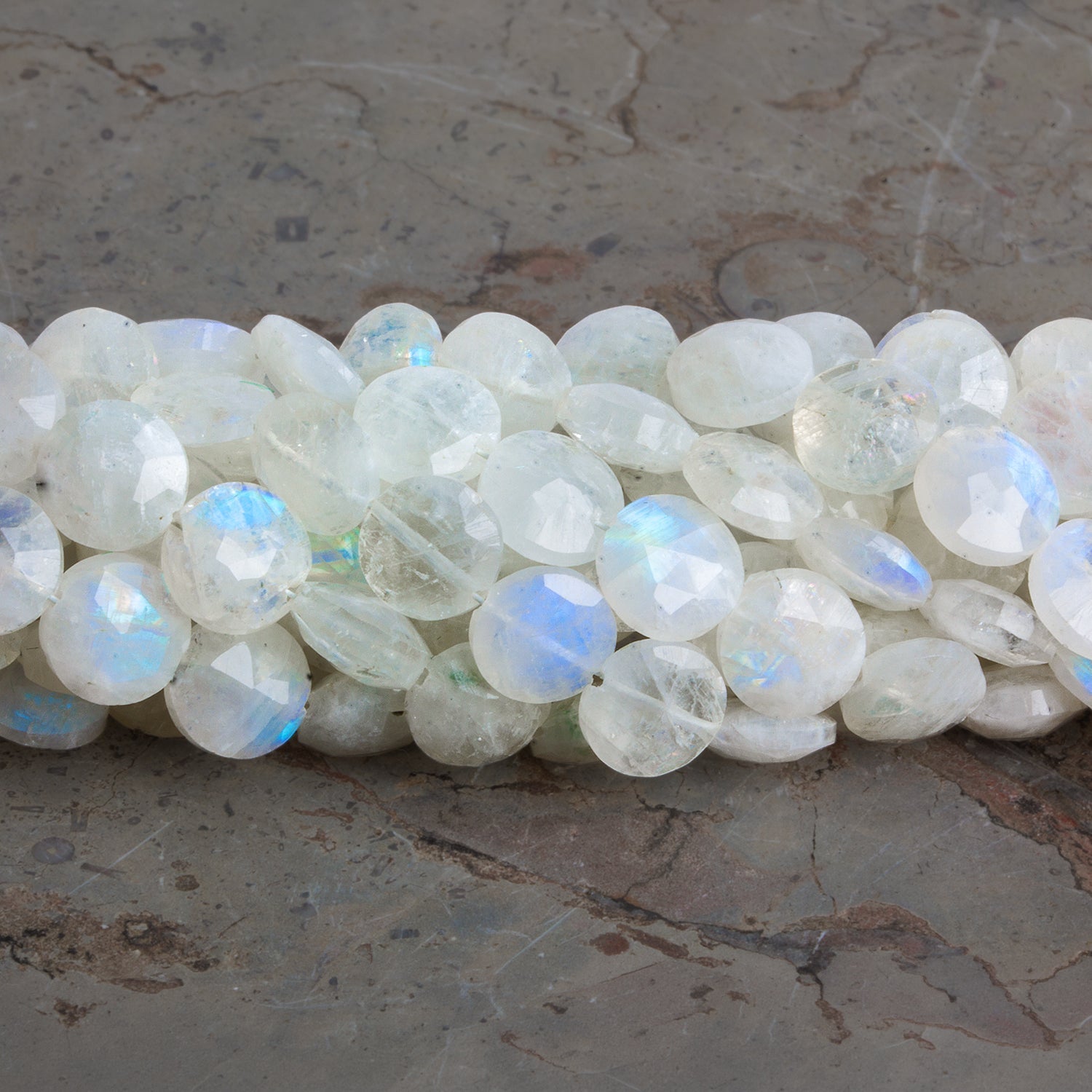 8mm Rainbow Moonstone Faceted Coins 7.5 inch 23 beads - The Bead Traders