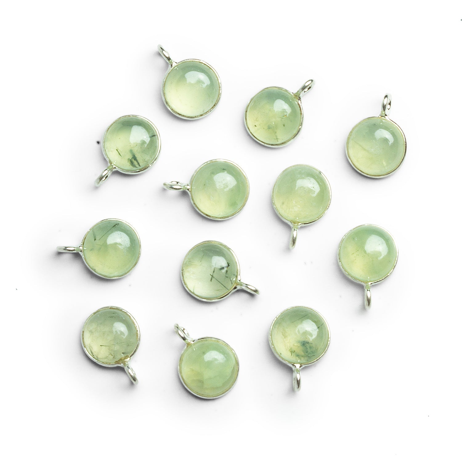 8mm Silver Bezeled Prehnite Calibrated Coin Pendant 1 Bead - The Bead Traders