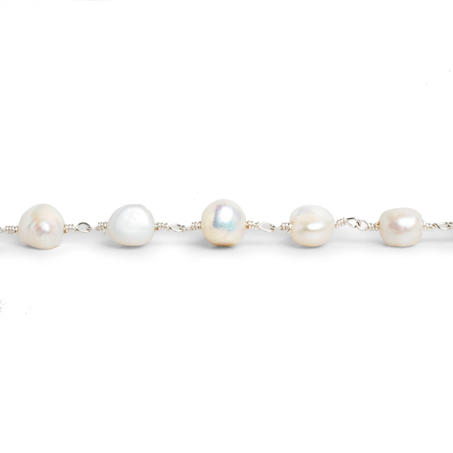 8x7mm White Baroque Pearl Silver Chain 29 beads - The Bead Traders