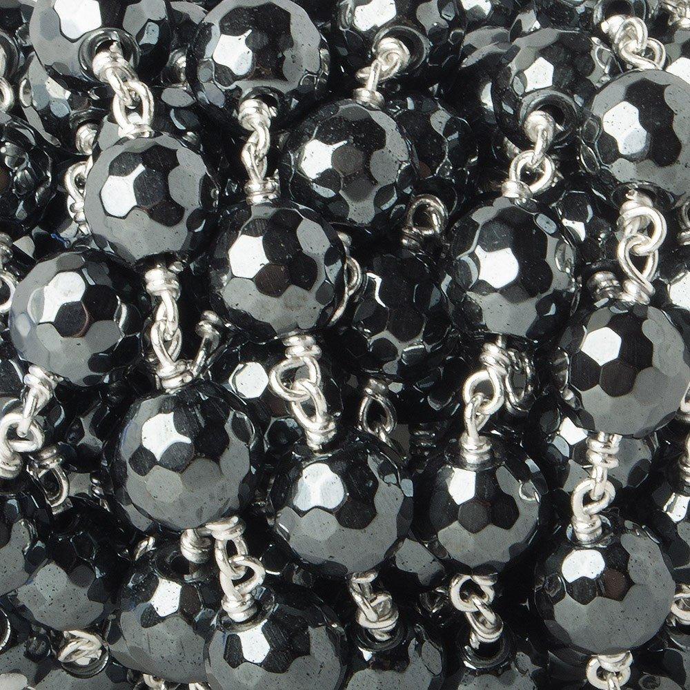 10mm Hematite faceted round Silver plated Chain by the foot 19 pieces - The Bead Traders