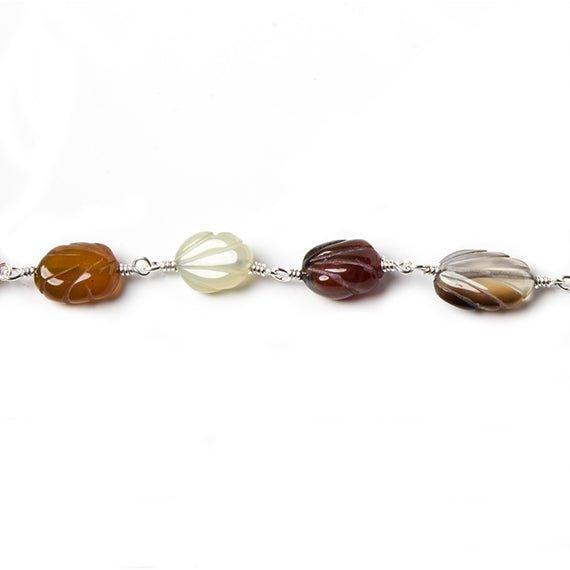 11x8mm MultiColor Agate Carved Leaf Silver Rosary Chain by the foot 17 beads - The Bead Traders