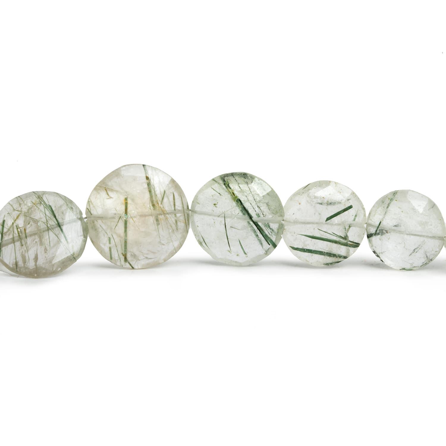 12-18mm Green Tourmalinated Quartz Coins 8 inch 15 beads - The Bead Traders