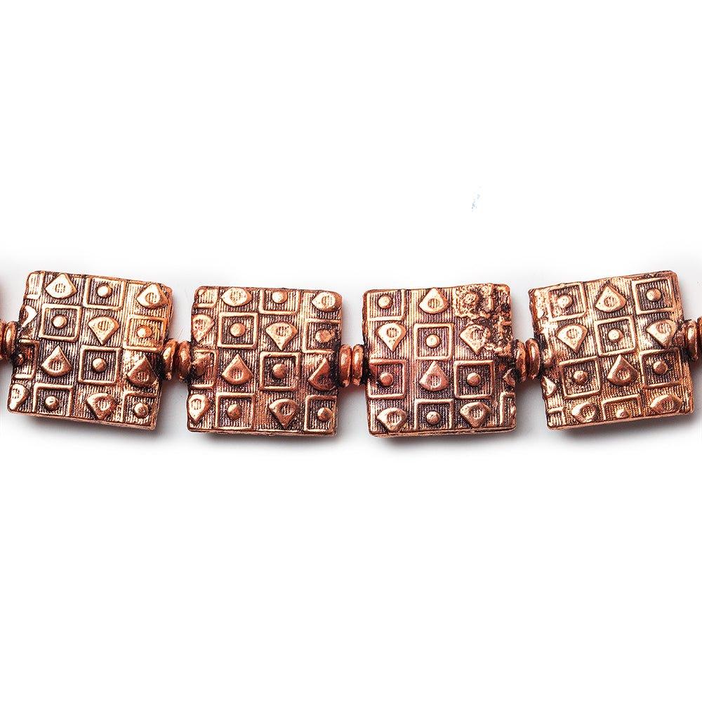 12mm Antiqued Copper Geometric Embossed Square Beads, 8 inch, 15 beads - The Bead Traders