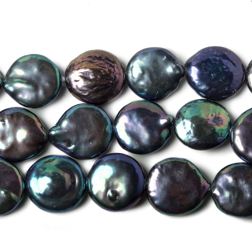 12mm Aqua Peacock Coin Freshwater Pearls 15 inch 32 pieces - The Bead Traders
