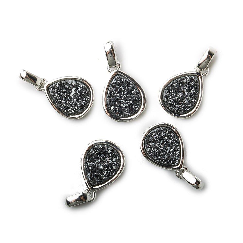 12x10mm Silvertone Bezel Metallic Black Drusy Pear Pendant with Bail 1 piece - The Bead Traders
