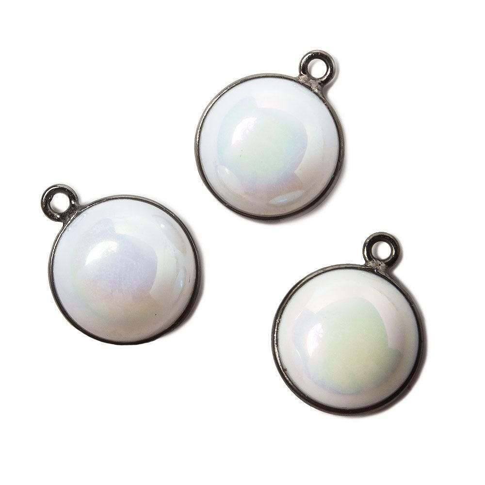13mm Black Gold Bezel Mystic White Opal Coin Cabochon Pendant 1 piece - The Bead Traders