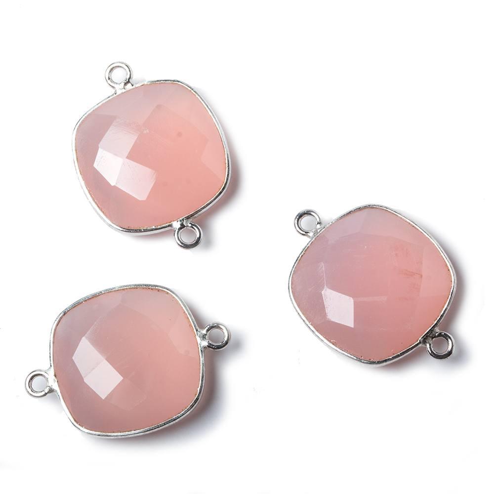 16mm Petal Pink Chalcedony Cushion .925 Silver Bezel Connector 2 ring charm, 1 piece - The Bead Traders