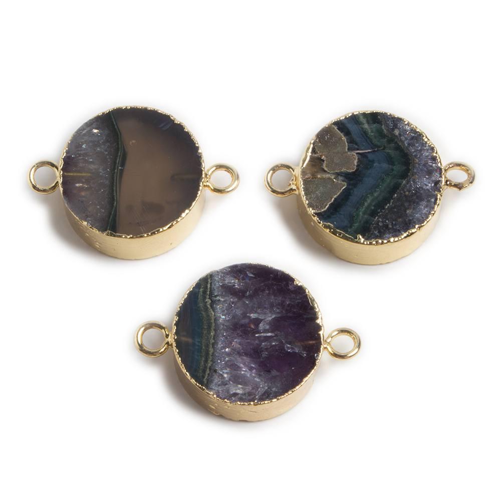 20mm Gold Leafed Banded Agate & Amethyst Plain Coin Connector 1 piece - The Bead Traders