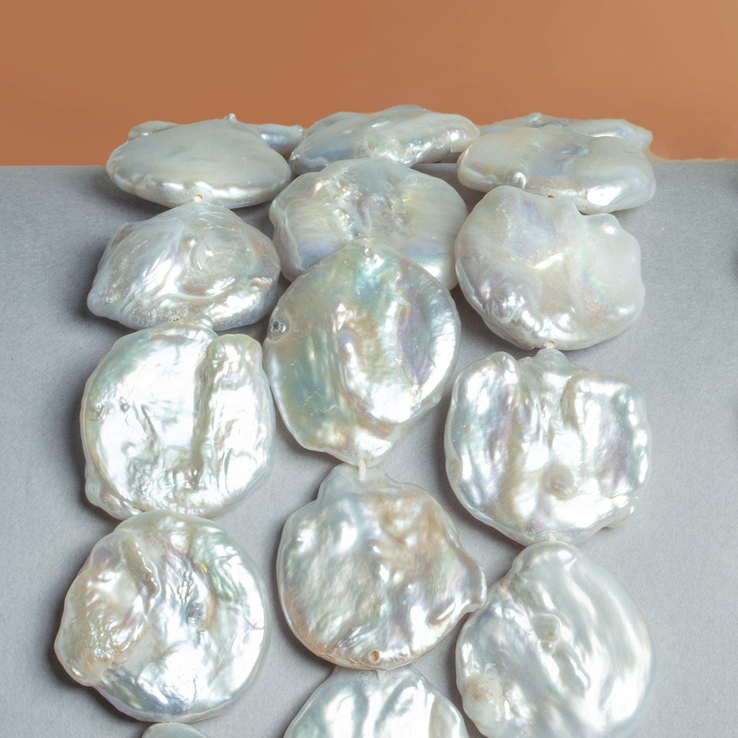 21-23mm White Coin Freshwater Pearls 15 inch 17 pieces - The Bead Traders