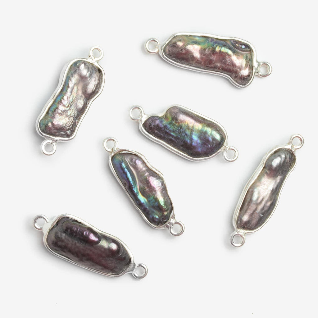 21x8mm Silver Bezeled Peacock Biwa Pearl Connector 1 Piece - The Bead Traders