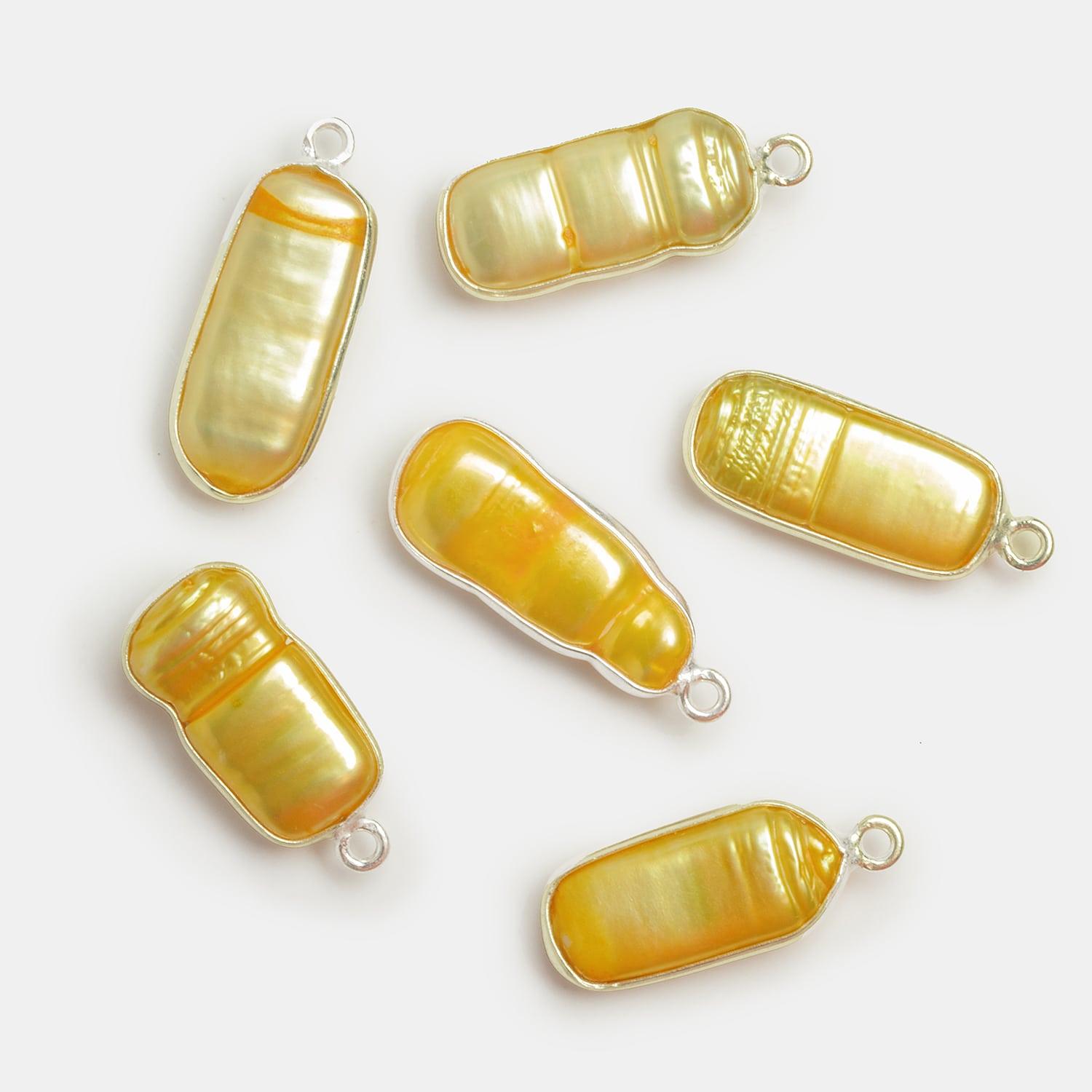 23x9mm Silver Bezeled Yellow Biwa Pearl Pendant 1 Bead - The Bead Traders