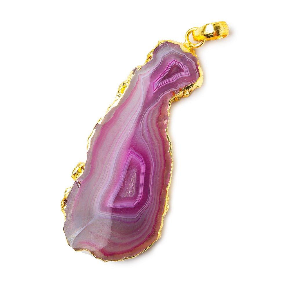 2.5x1 inch Gold Leafed Hot Pink Agate Slice Focal bead Bailed Pendant 1 piece - The Bead Traders