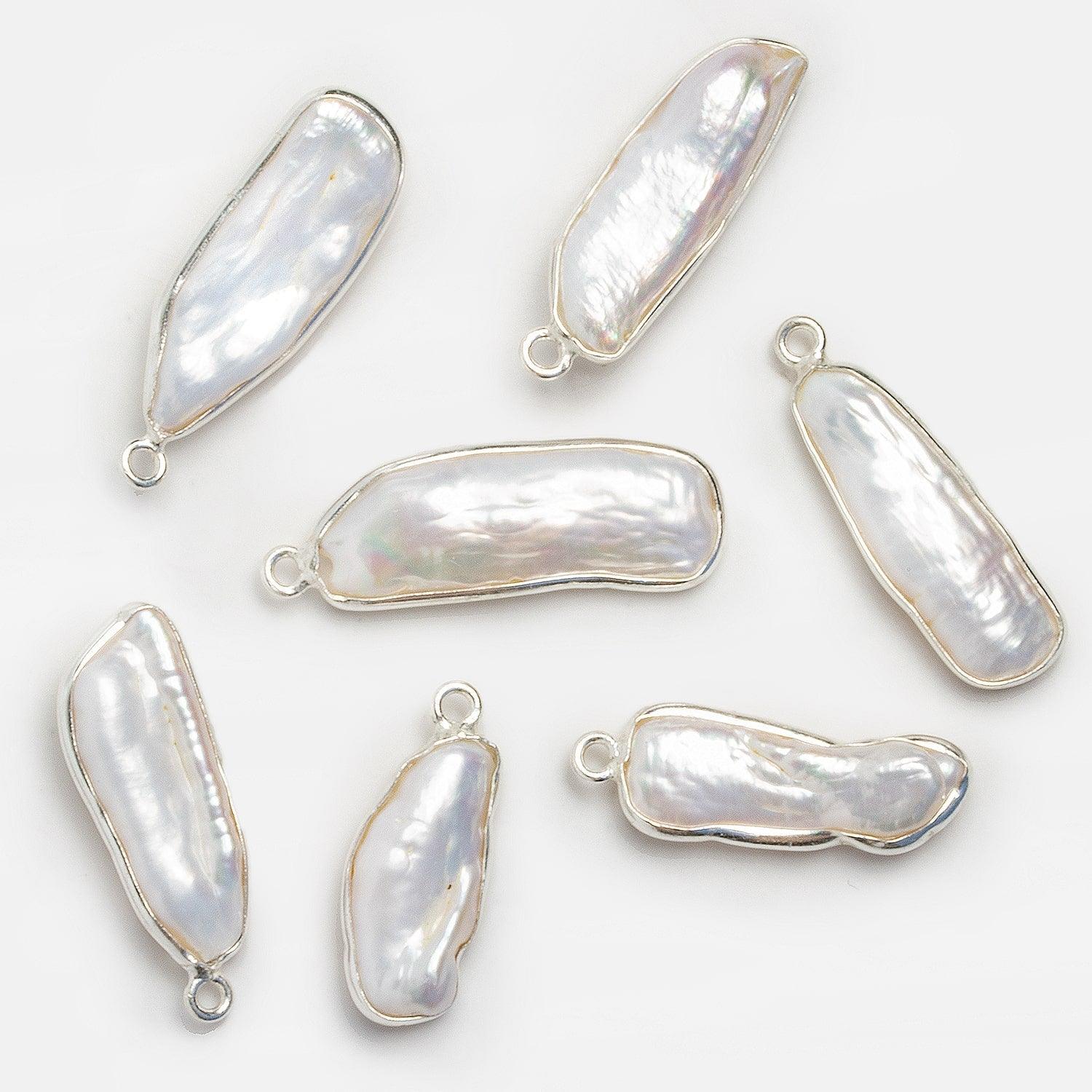 26x9mm Silver Bezeled White Biwa Pearl Pendant 1 Piece - The Bead Traders