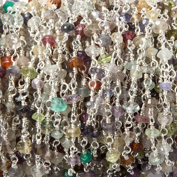 2.8-3mm Multi Gemstone faceted rondelle Silver Chain by the foot 40 pcs - The Bead Traders