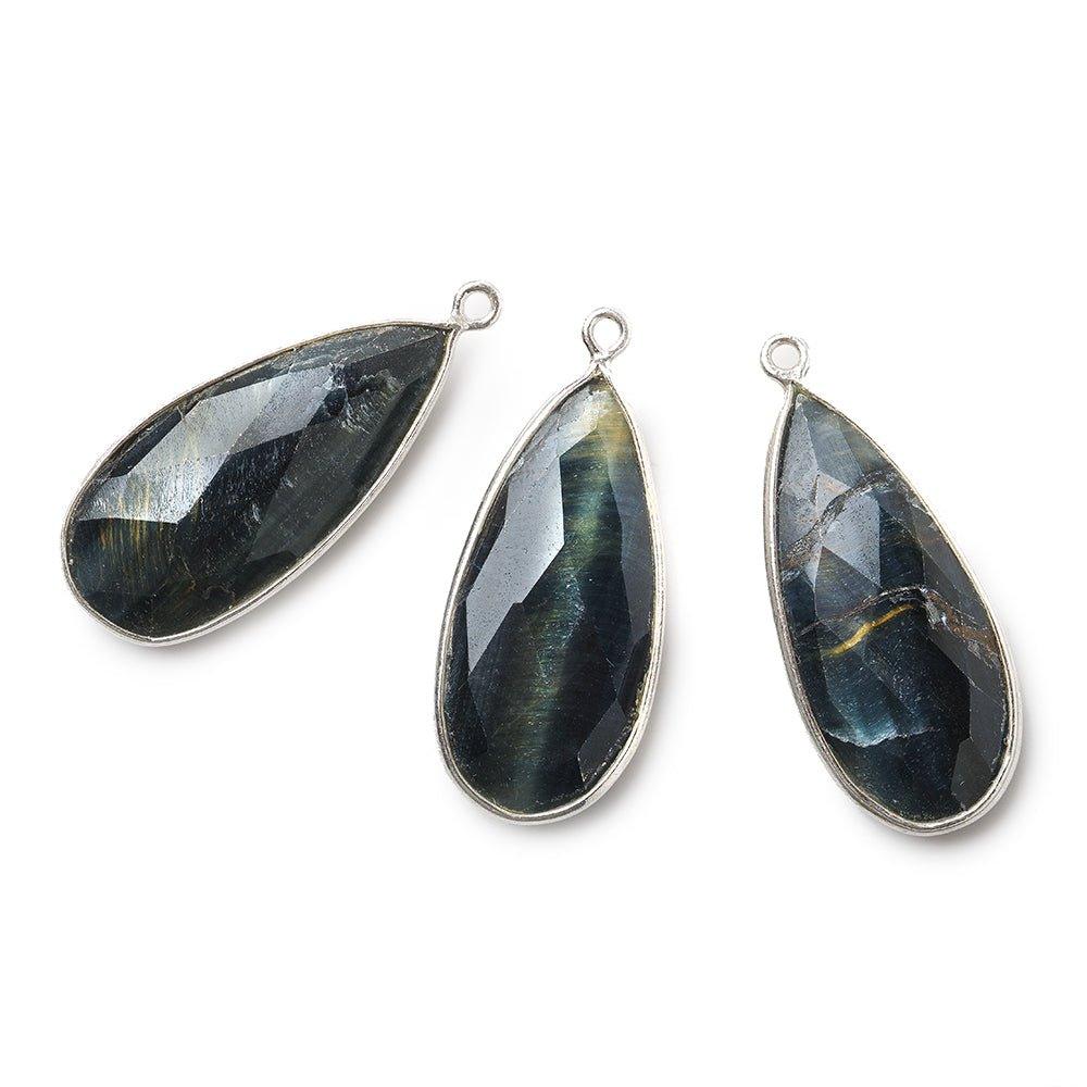 29x13mm Silver Bezeled Black Tiger's Eye faceted pear Pendant 1 piece - The Bead Traders