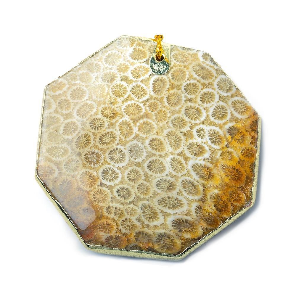 2x2 inch Fossilized Tan Coral Gold Leafed Pendant Focal Bead 1 piece - The Bead Traders