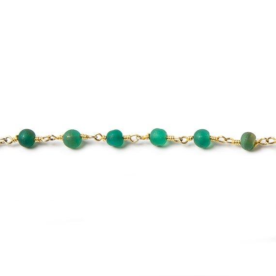 3-4mm Matte Green Chalcedony round Gold Rosary Chain by the foot 33 beads - The Bead Traders