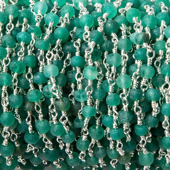 3-4mm Matte Green Chalcedony Silver Rosary Chain by the foot 35 beads - The Bead Traders