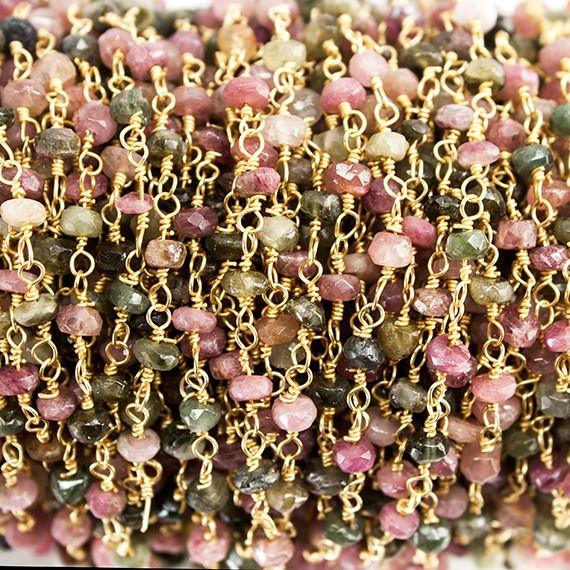 3.5-4mm Multi Color Tourmaline faceted rondelle Gold plated Chain by the foot 30 pieces - The Bead Traders