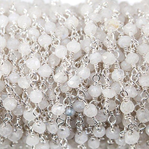 3mm Rainbow Moonstone faceted rondelle Silver Chain by the foot- 16ft lot - The Bead Traders