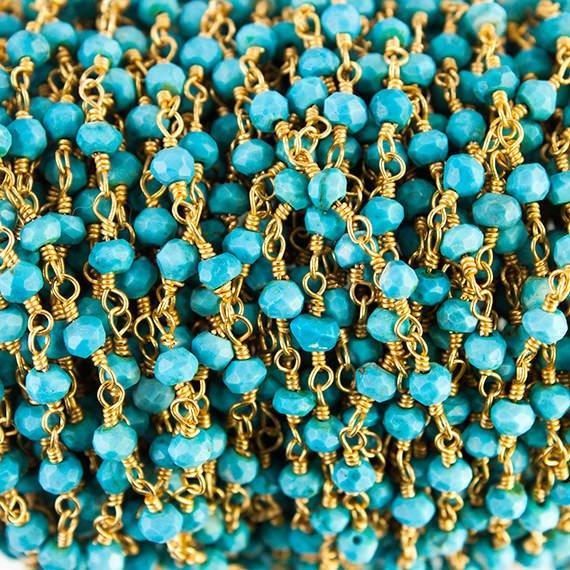 3mm Turquoise Howlite faceted rondelle Gold Wire Wrapped Chain by foot - The Bead Traders