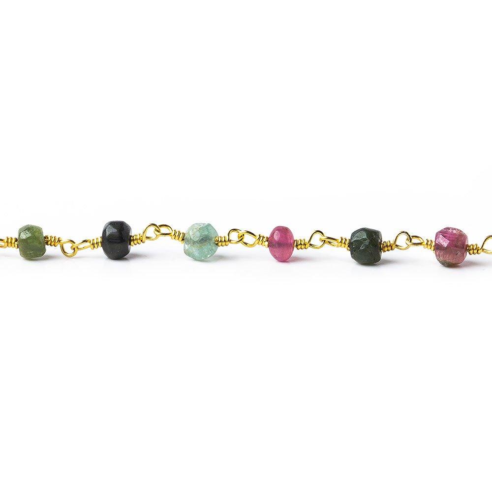 4-4.5mm Multi Color Tourmaline tumbled faceted rondelle Gold plated Chain by the foot 31 pieces - The Bead Traders