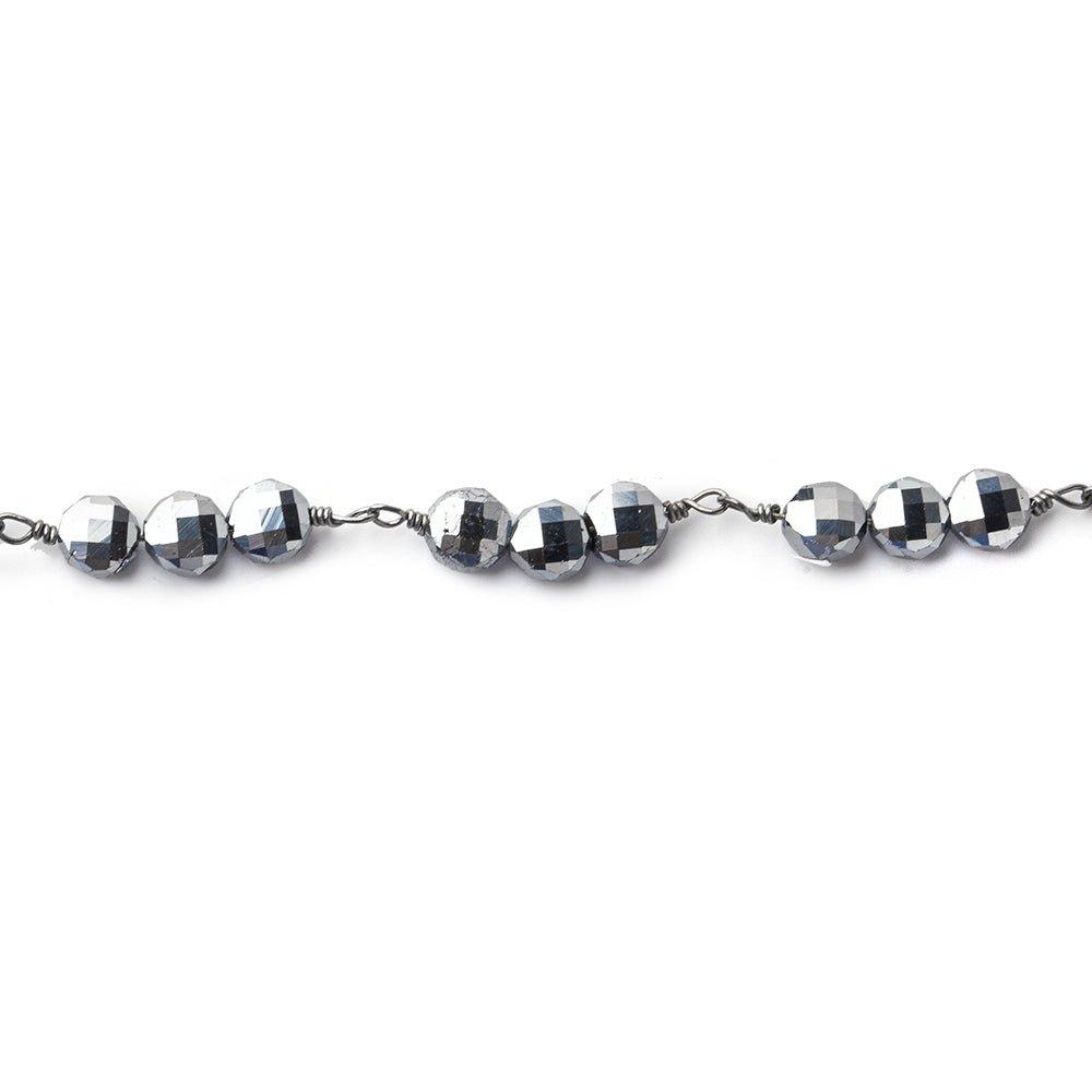 4.5mm Silver Metallic Crystal faceted coin Trio Black Gold Chain by the foot 48 beads per length - The Bead Traders