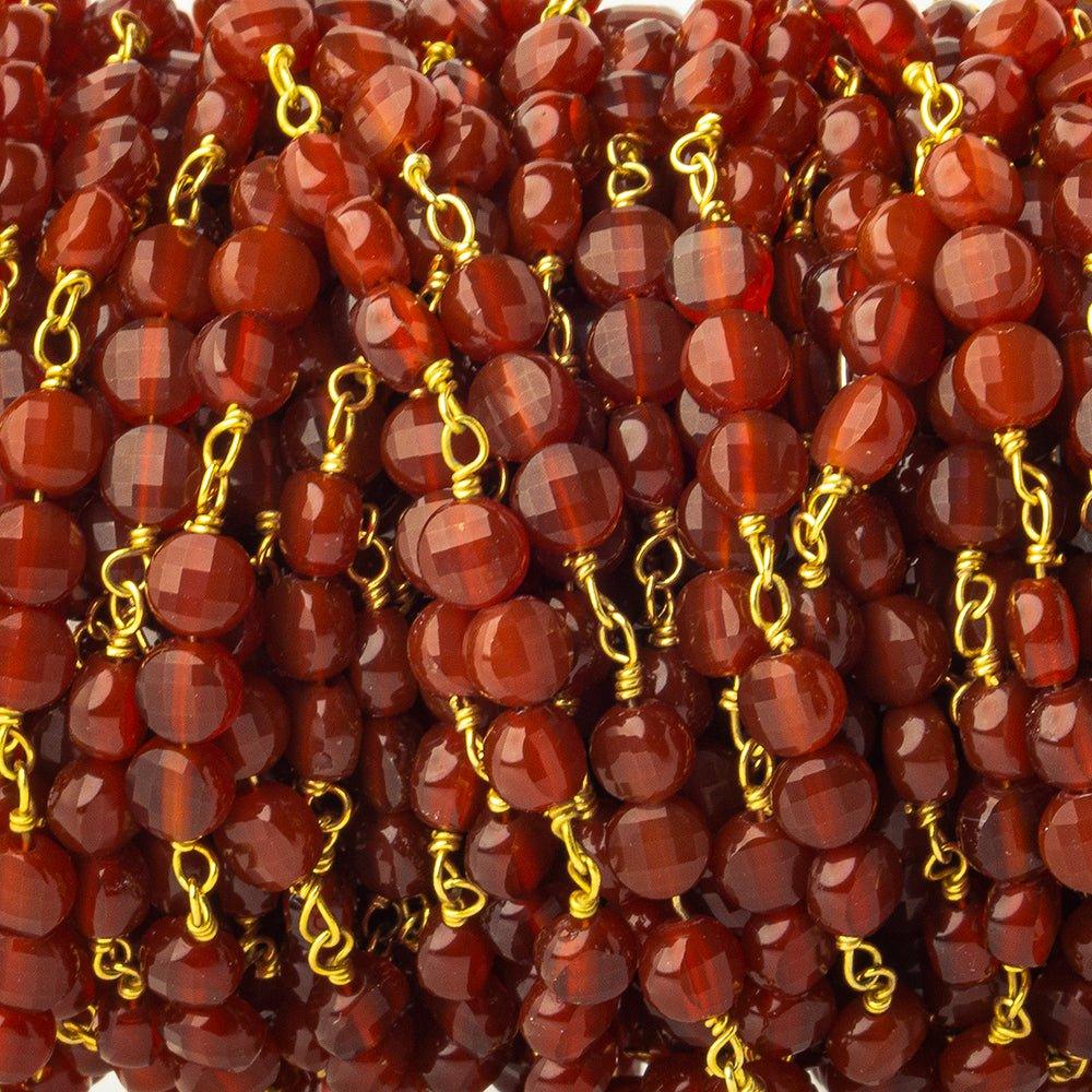 4mm Carnelian Agate faceted coin Trio Gold Chain by the foot 54 beads per length - The Bead Traders