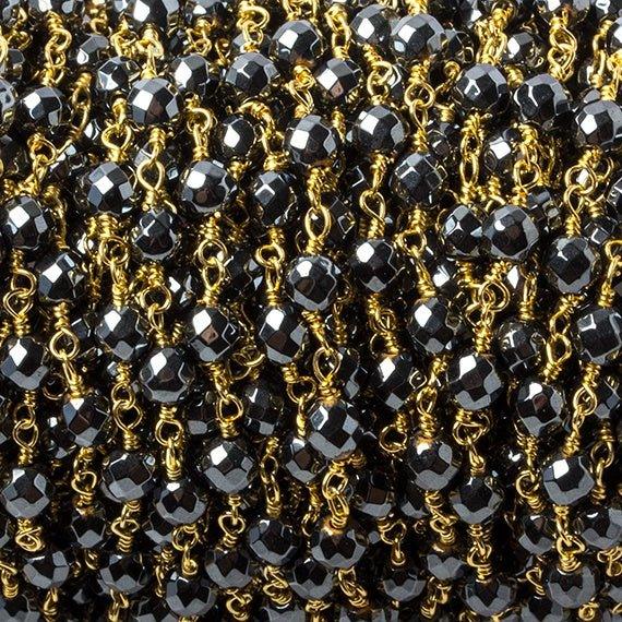 4mm Hematite faceted round Gold plated chain by the foot 32 pieces - The Bead Traders
