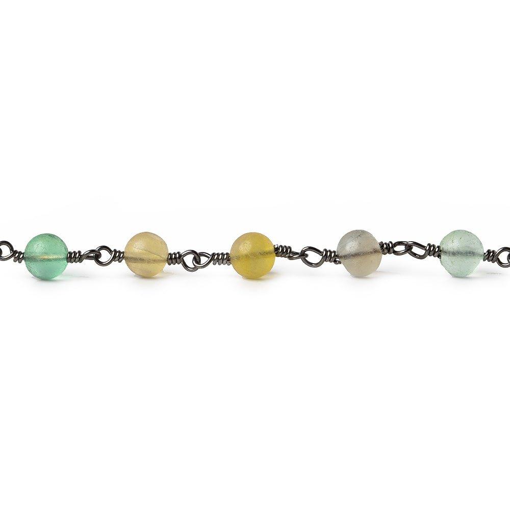 4mm Matte Multi Color Fluorite plain round Black Gold plated Chain by the foot 31 beads - The Bead Traders