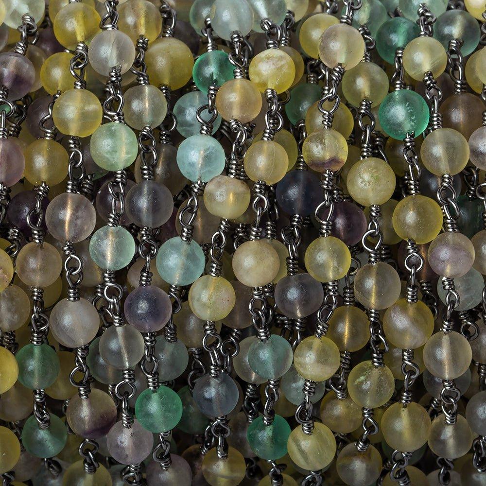 4mm Matte Multi Color Fluorite plain round Black Gold plated Chain by the foot 31 beads - The Bead Traders