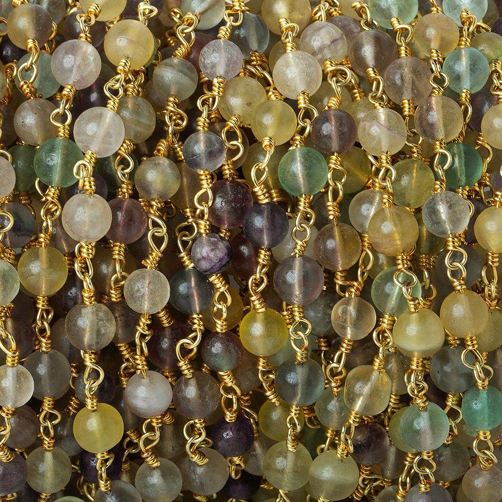 4mm Matte Multi Color Fluorite plain round Gold plated Chain by the foot 31 beads - The Bead Traders