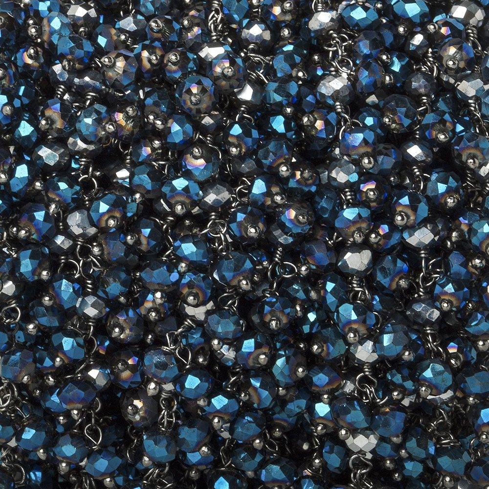 4mm Metallic Aegean Blue Crystal rondelle Black Dangling Chain by the foot 95 beads - The Bead Traders
