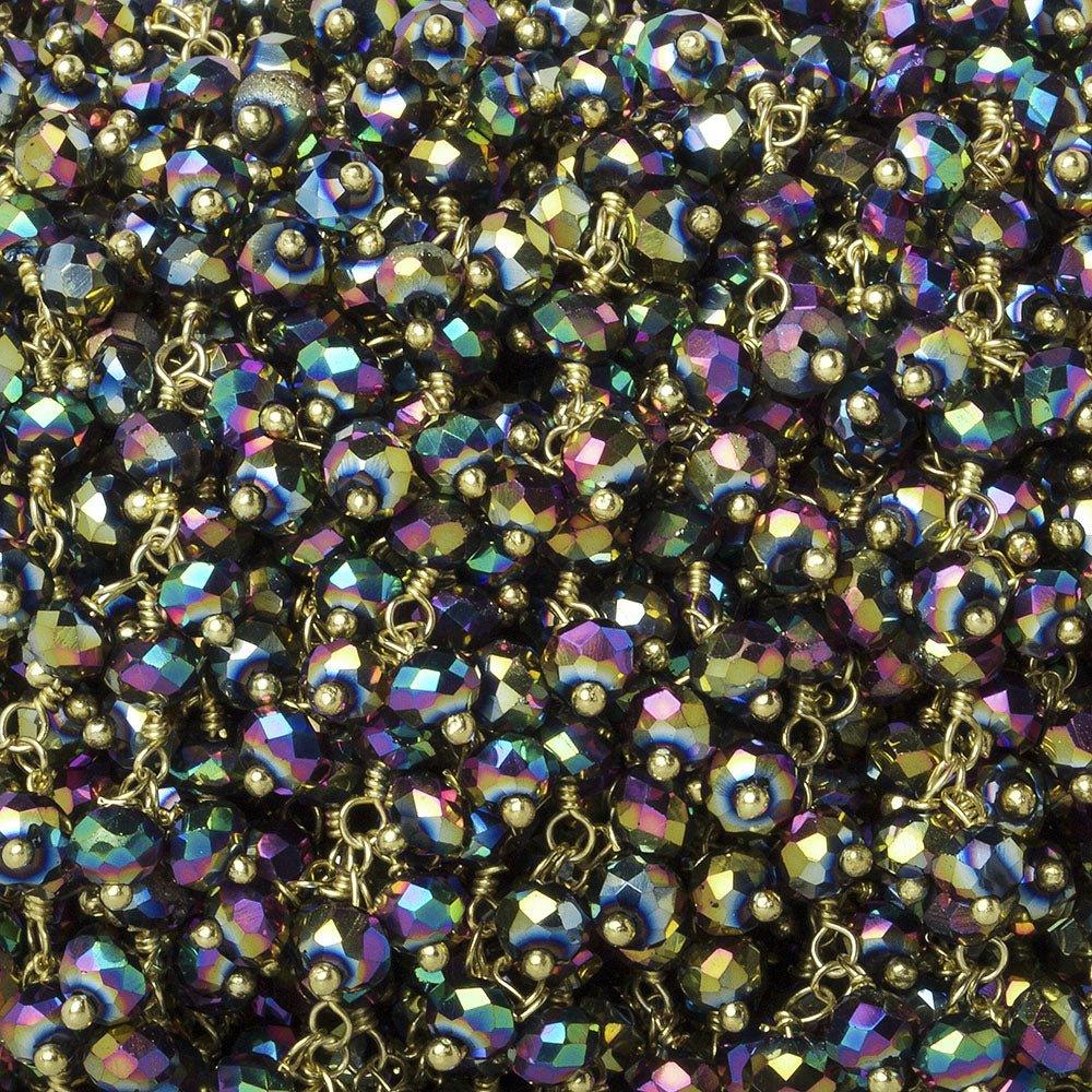 4mm Metallic Peacock Crystal rondelle Gold Dangling Chain by the foot 95 beads - The Bead Traders