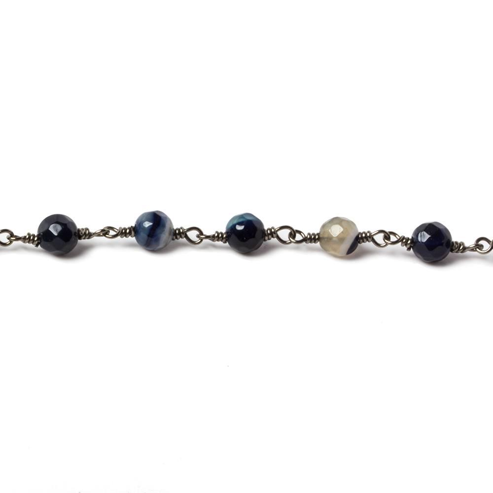 4mm Periwinkle Blue Banded Agate Black Gold plated Chain by the foot 32 beads - The Bead Traders
