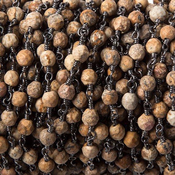 4mm Picture Jasper faceted round Black Gold Rosary Chain by the foot 31 beads - The Bead Traders