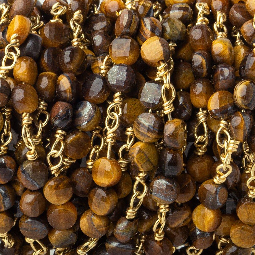 4mm Tiger's Eye faceted coin Trio Gold Chain by the foot 54 beads per length - The Bead Traders