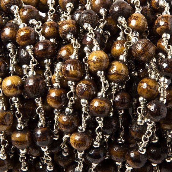 5-6mm Brown Bone rounds Silver plated Bead and Chain by the foot 24pcs - The Bead Traders