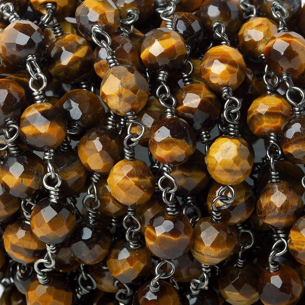 5.5-6mm Tiger's Eye Faceted Round Black Gold plated Chain by the foot - The Bead Traders