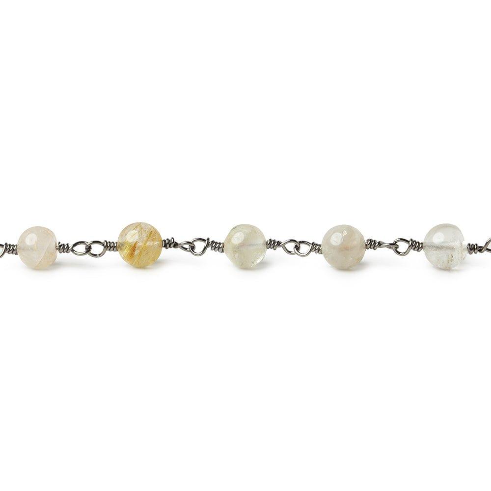 5.5mm Rutilated Quartz plain round Black Gold plated Chain by the foot 24 beads - The Bead Traders