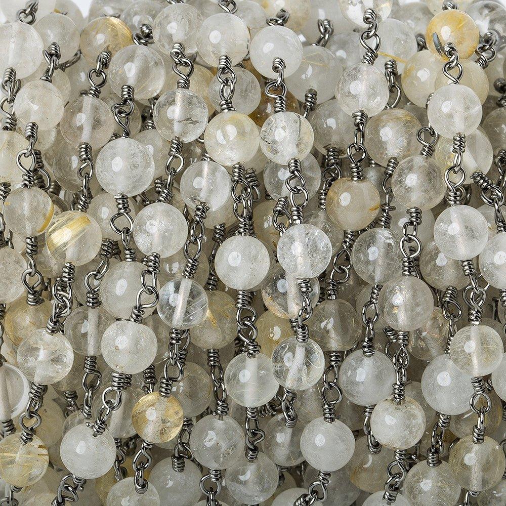 5.5mm Rutilated Quartz plain round Black Gold plated Chain by the foot 24 beads - The Bead Traders