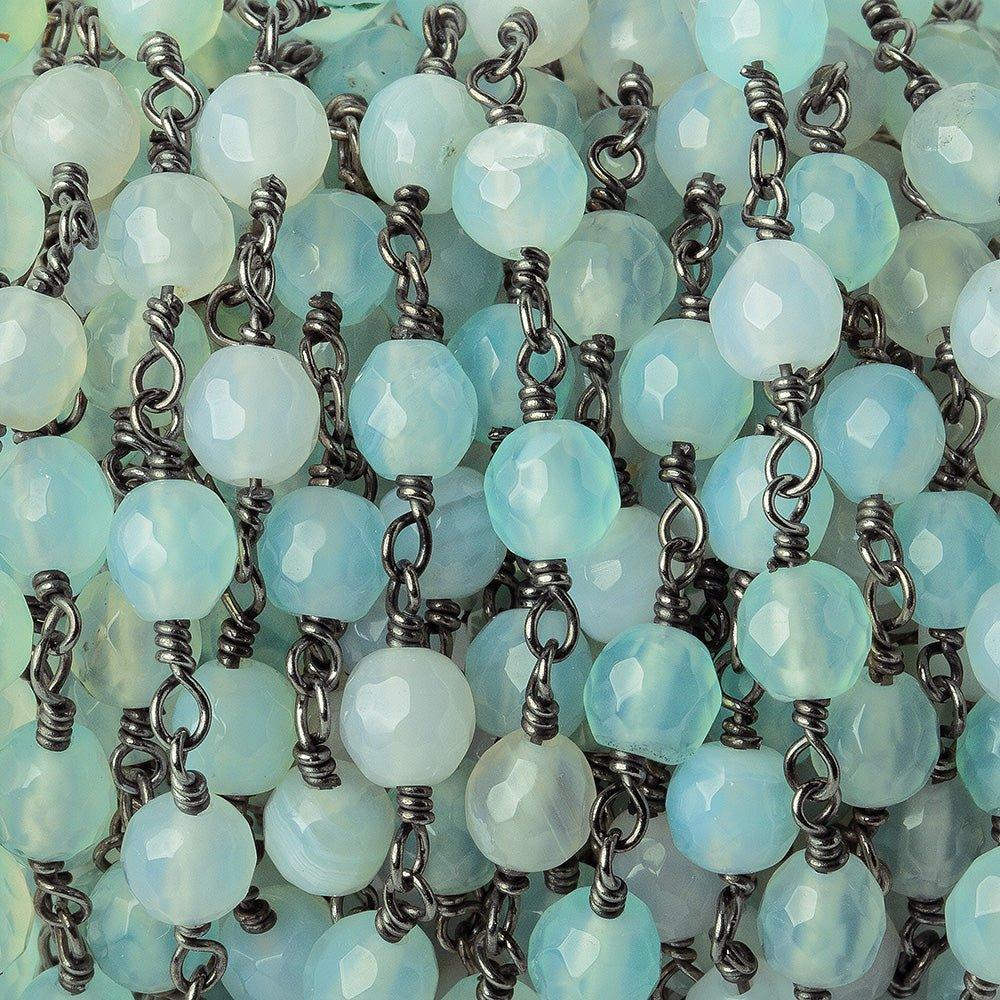 5.5mm Seafoam Blue Green Agate faceted round Black Gold plated Chain by the foot 23 pieces - The Bead Traders