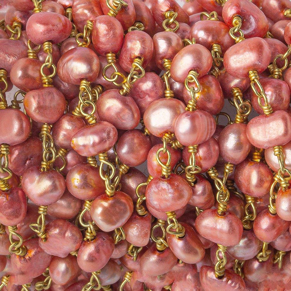 5x4mm Salmon Pink Baroque Freshwater Pearl Gold plated Chain by the foot 31 pieces - The Bead Traders