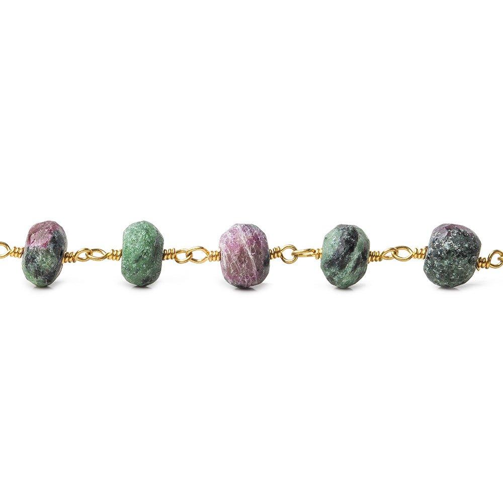6.5mm Matte Ruby in Zoisite faceted rondelle Gold Chain by the foot 29 pieces - The Bead Traders