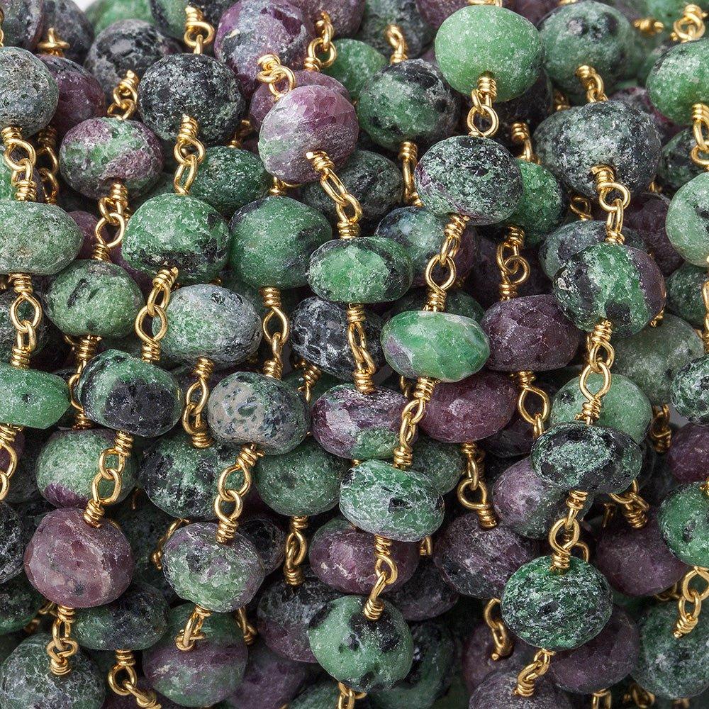 6.5mm Matte Ruby in Zoisite faceted rondelle Gold Chain by the foot 29 pieces - The Bead Traders
