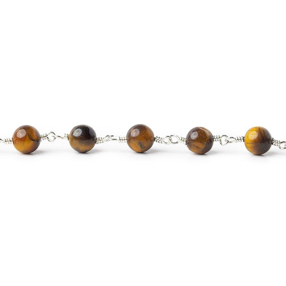6.5mm Tiger's Eye plain round Silver plated Chain by the foot 24 pieces - The Bead Traders