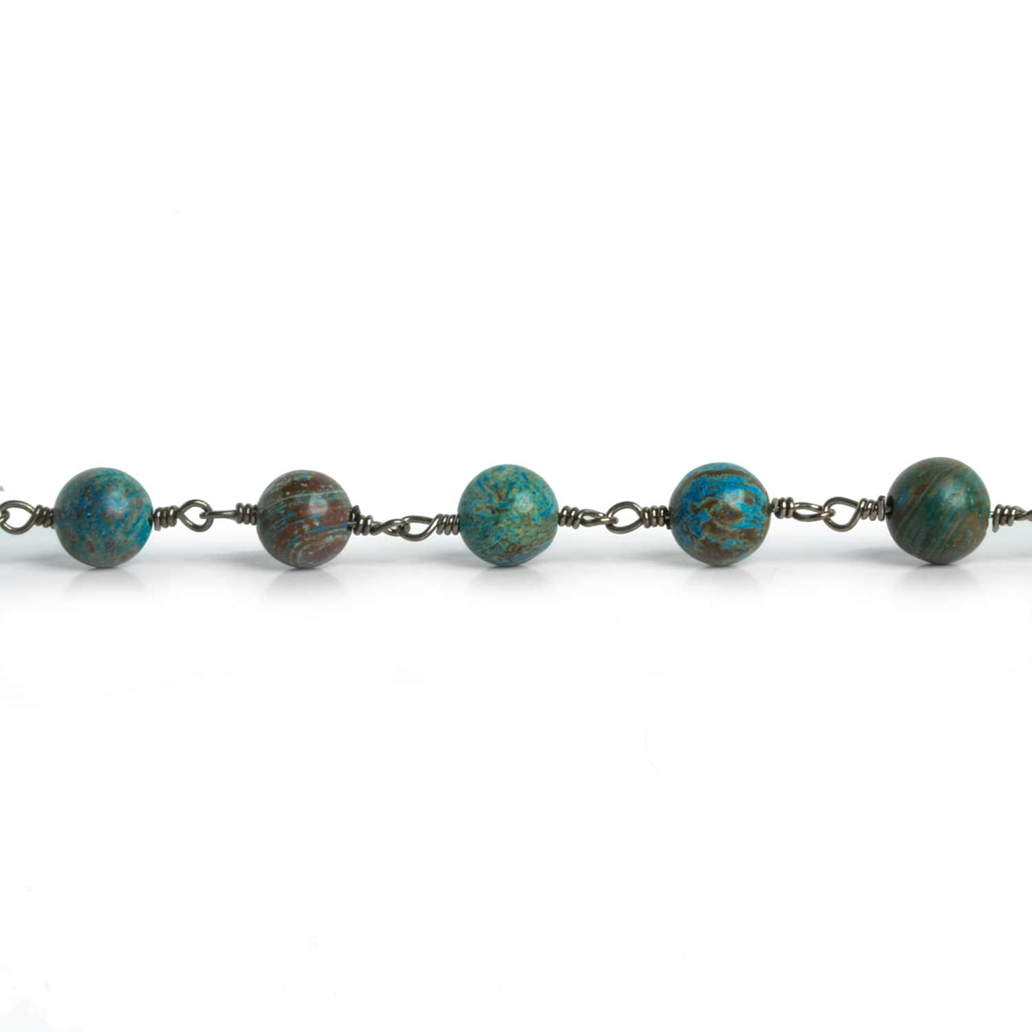 6.7mm Chrysocolla in Lapis Lazuli Plain Rounds Black Gold plated Chain by the foot 23 pieces - The Bead Traders