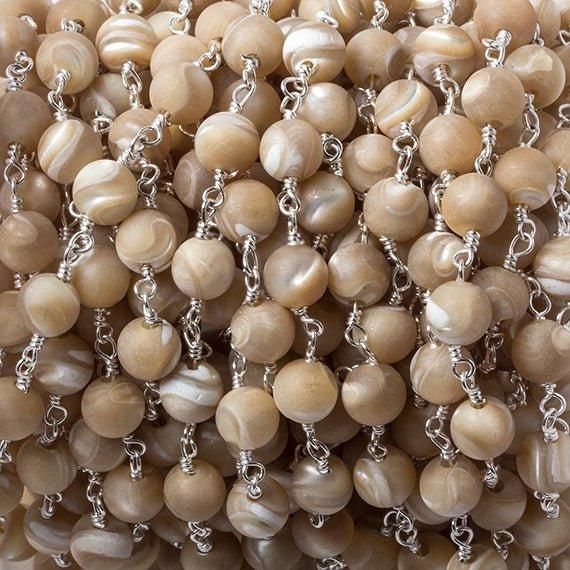 6mm Beige Mother of Pearl plain round Silver plated Chain by the foot 28 pcs - The Bead Traders