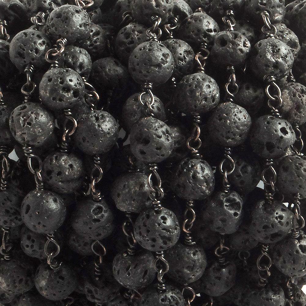 6mm Black Lava Rock unwaxed plain round Black Gold plated Chain by the foot with 25 pieces - The Bead Traders