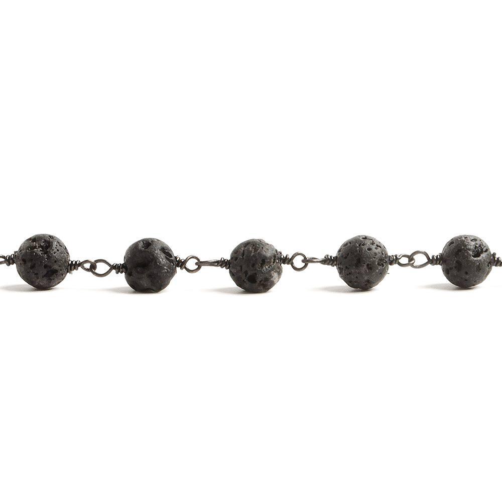 6mm Black Lava Rock unwaxed plain round Black Gold plated Chain by the foot with 25 pieces - The Bead Traders